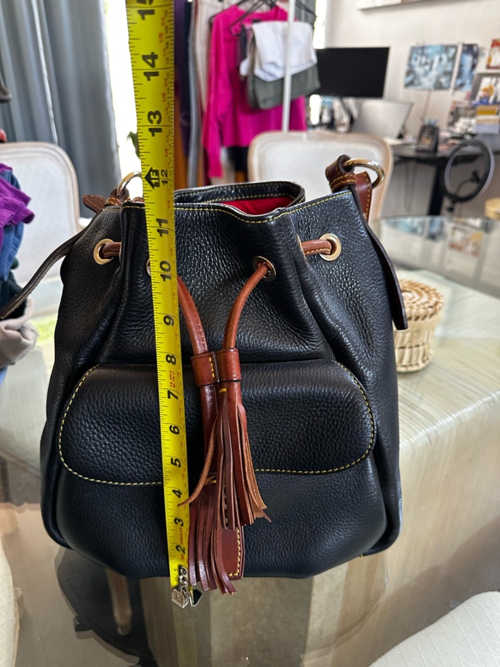 Dooney & Bourke Black Leather Drawstring Bucket Bag with Brown Trim - Picture 8 of 9